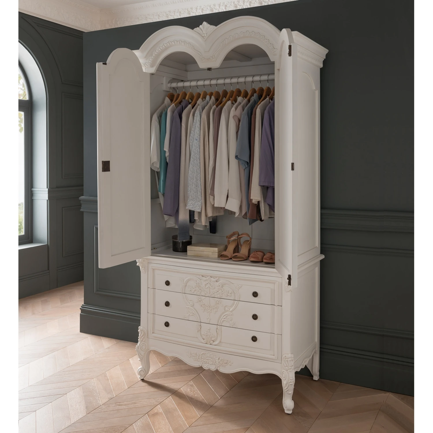 Antique French Style White Finished 3 Drawer Wardrobe 4 Antique French Style White Finished 3 Drawer Wardrobe - Image 2