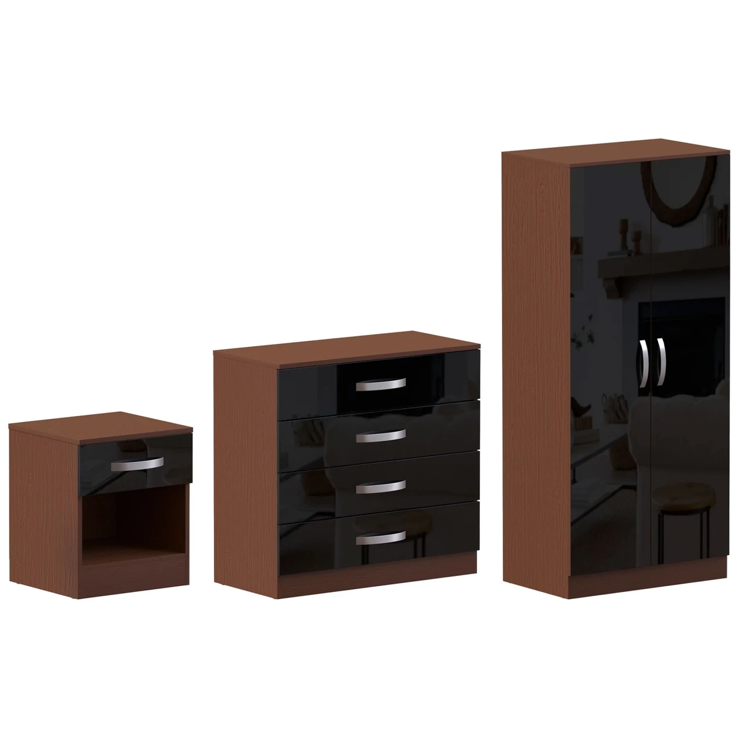 Hulio Walnut & Black Trio Bedroom Set 3 Hulio Walnut & Black Trio Bedroom Set