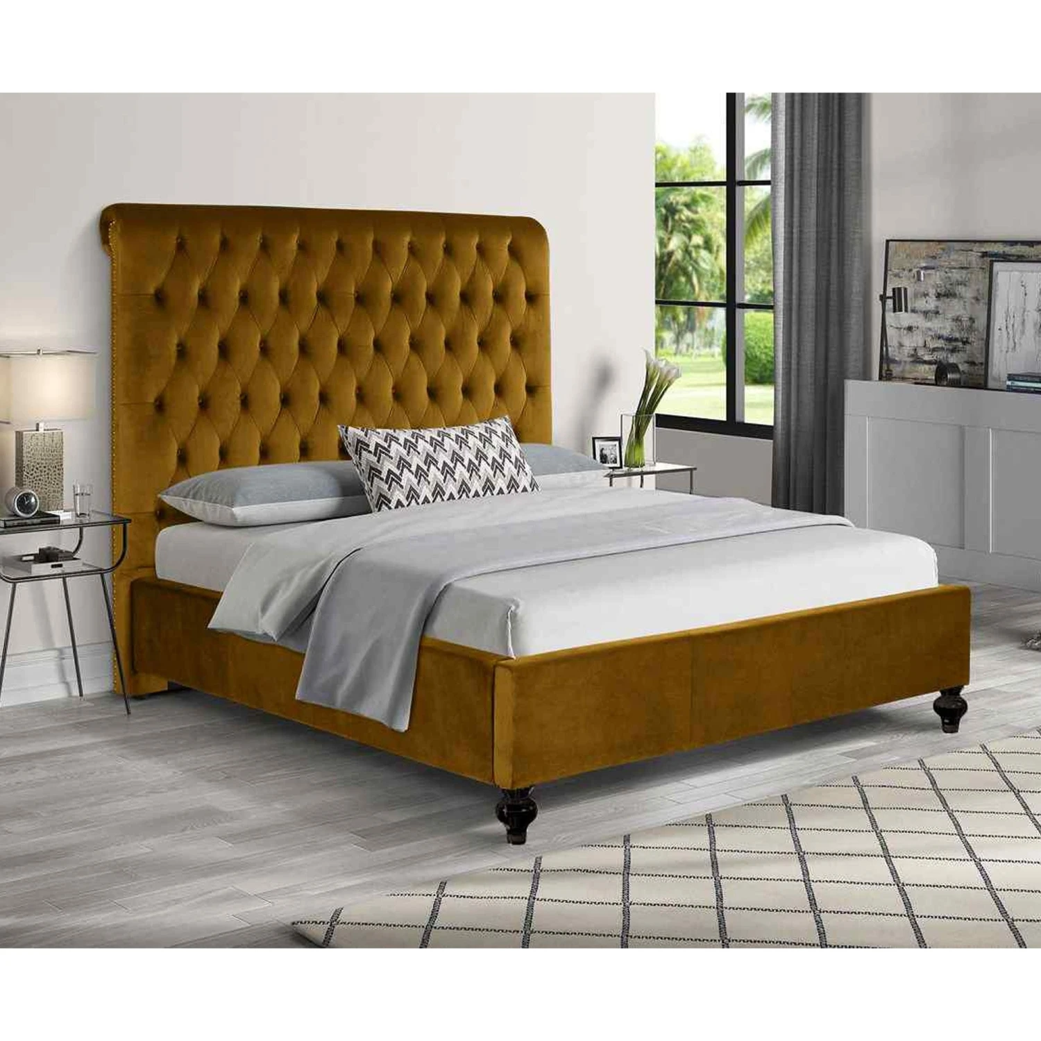 Lindon Mustard Plush Velvet Bed 3 Lindon Mustard Plush Velvet Bed