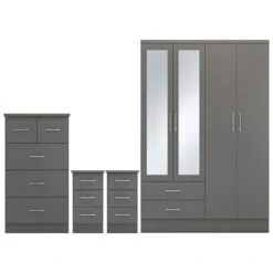 Nevada Grey 4 Door 2 Drawer Mirrored Wardrobe Bedroom Set