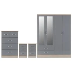 Nevada Grey Gloss & Oak 4 Door 2 Drawer Mirrored Wardrobe Bedroom Set