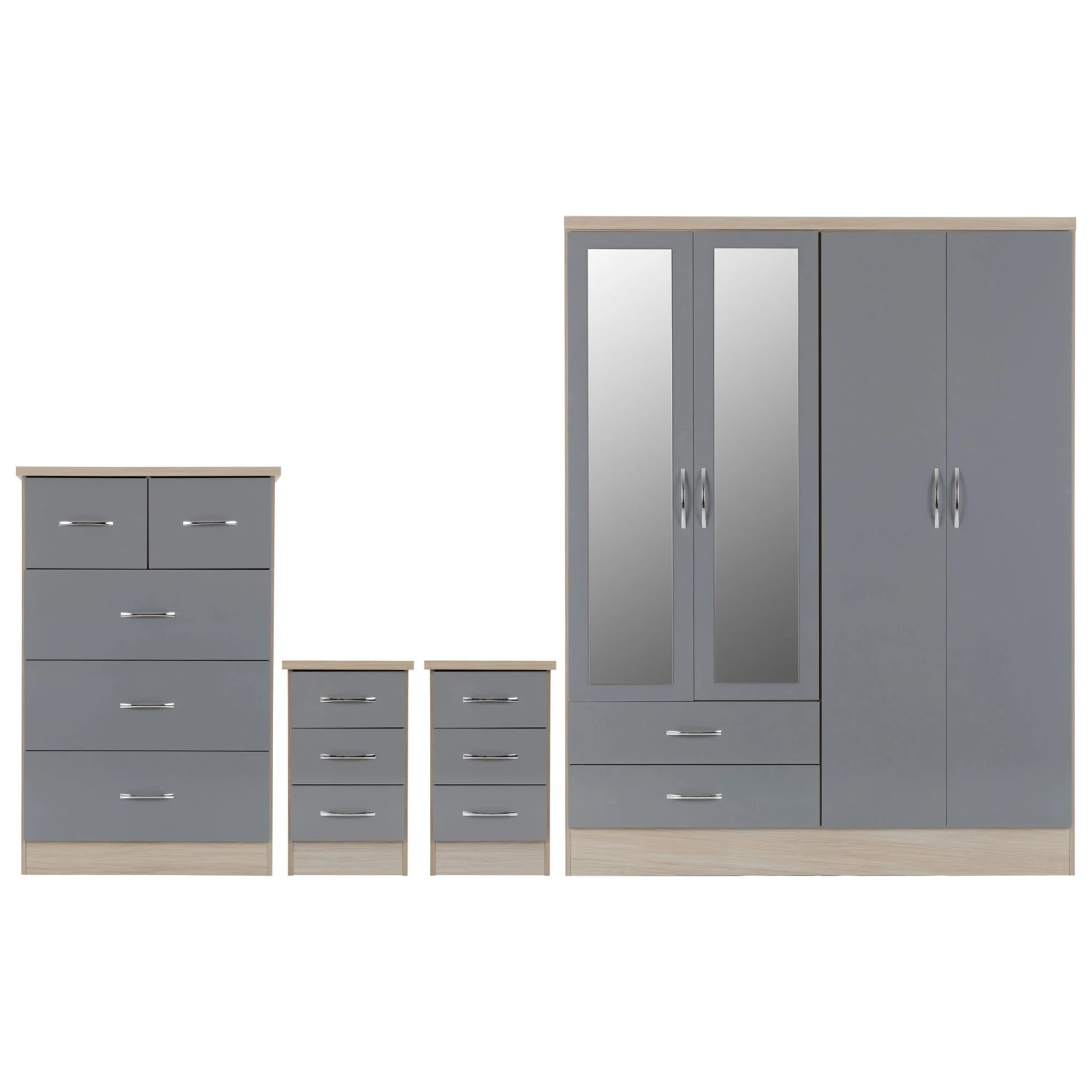 Nevada Grey Gloss & Oak 4 Door 2 Drawer Mirrored Wardrobe Bedroom Set 3 Nevada Grey Gloss & Oak 4 Door 2 Drawer Mirrored Wardrobe Bedroom Set