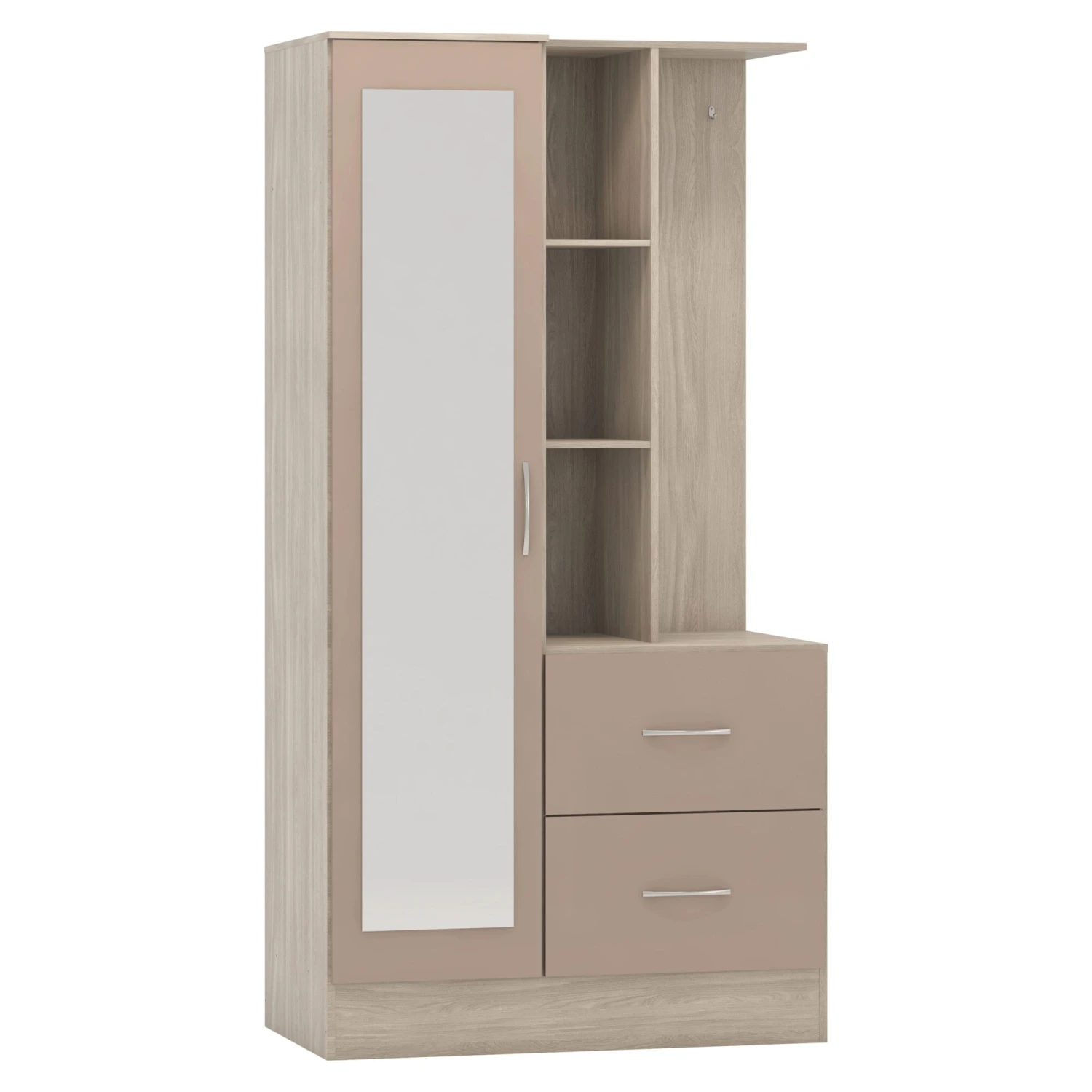 Nevada Oyster Gloss/Light Oak Effect Veneer Mirrored Open Shelf Wardrobe 3 Nevada Oyster Gloss/Light Oak Effect Veneer Mirrored Open Shelf Wardrobe