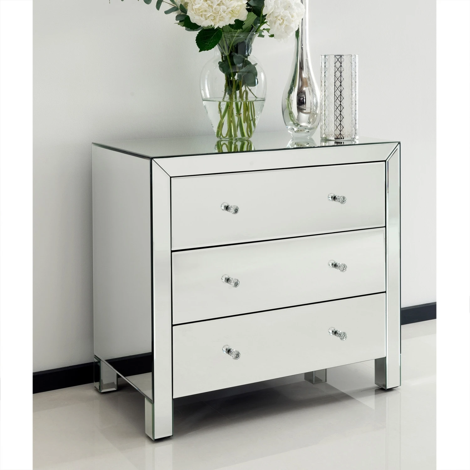 Romano Crystal Mirrored Chest 3 Drawer 3 Romano Crystal Mirrored Chest 3 Drawer