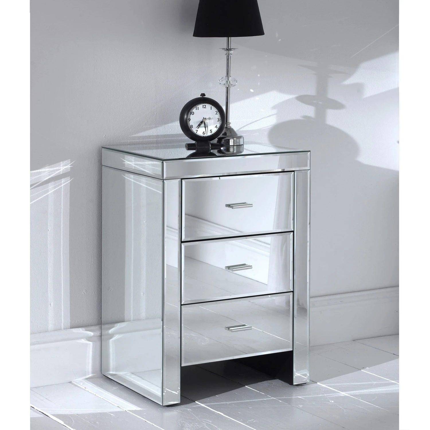Romano Mirrored Bedside 3 Drawer 3 Romano Mirrored Bedside 3 Drawer