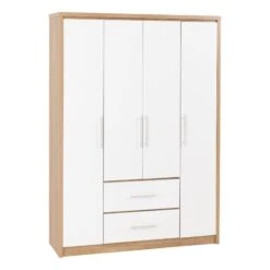 Seville White Gloss & Light Oak 4 Door 2 Drawer Wardrobe