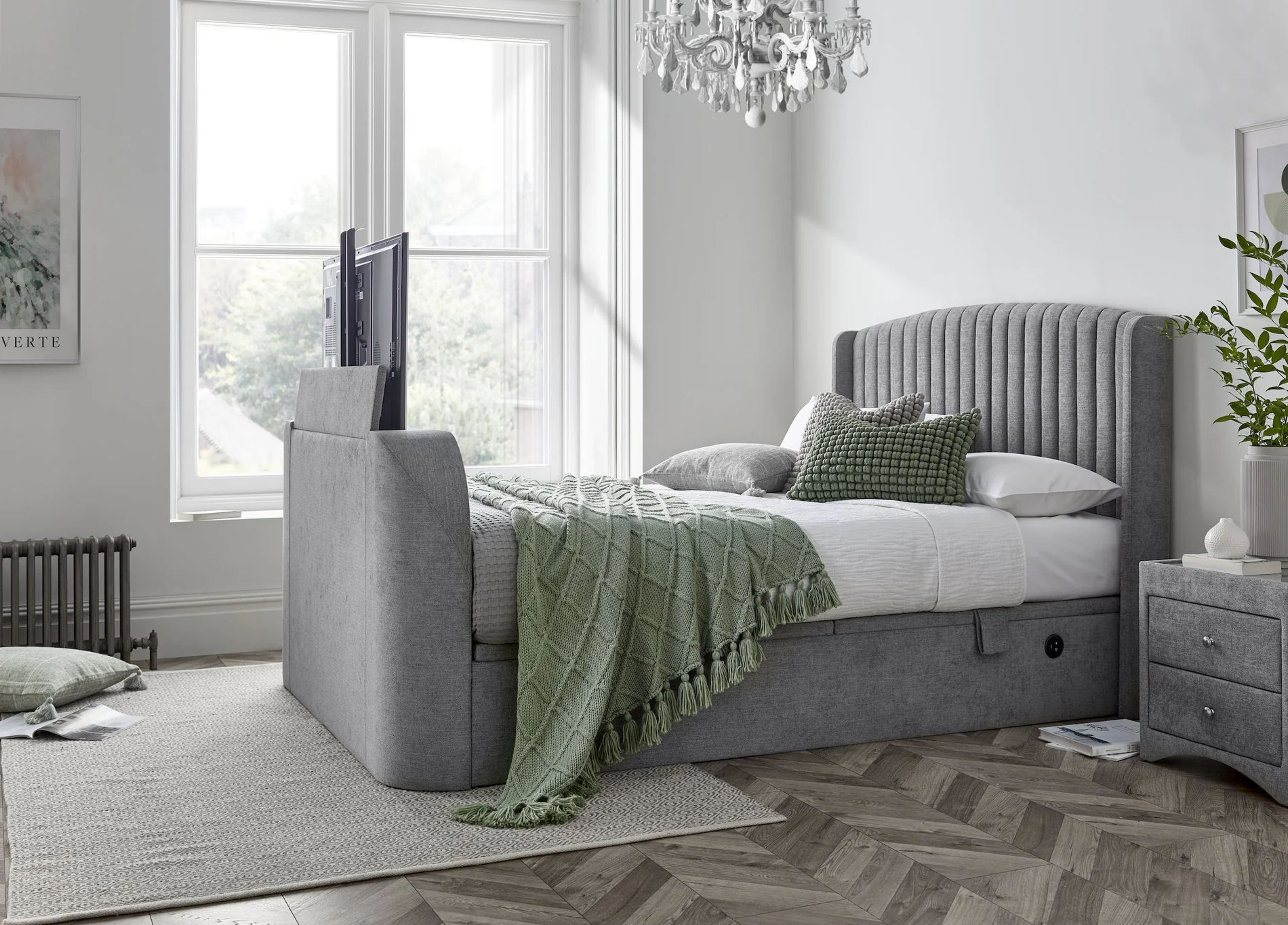 Cheap Bed Store -Cheap Bed Store Grey bed with bedside TV up copy